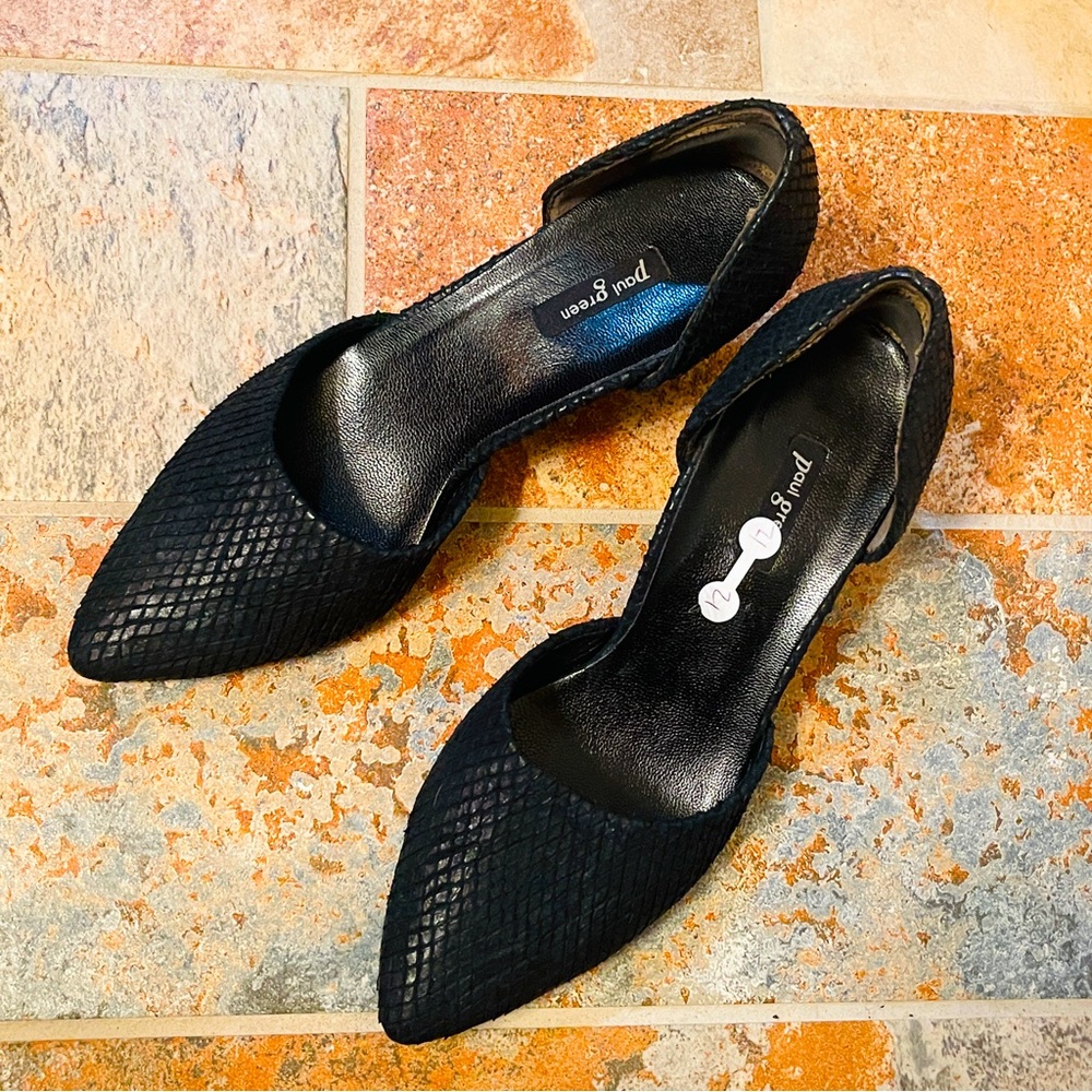 🎩Incredible Paul Green Leather Snake Pattern Kitten Heel D’Orsay Style Pumps!